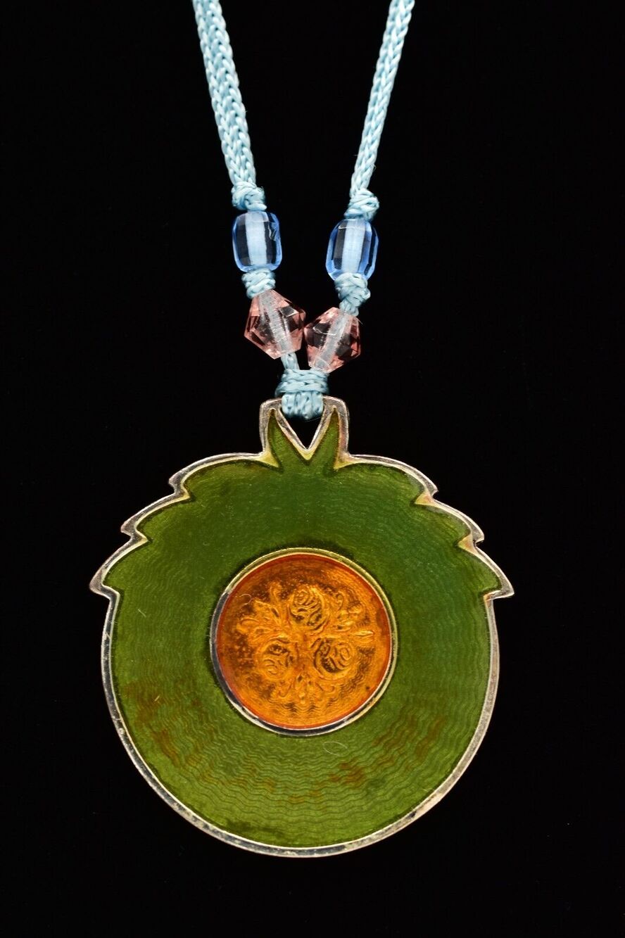 Vintage Floral Pendant Necklace Fabric Blue Green Crystal Beaded Enamel BinA17